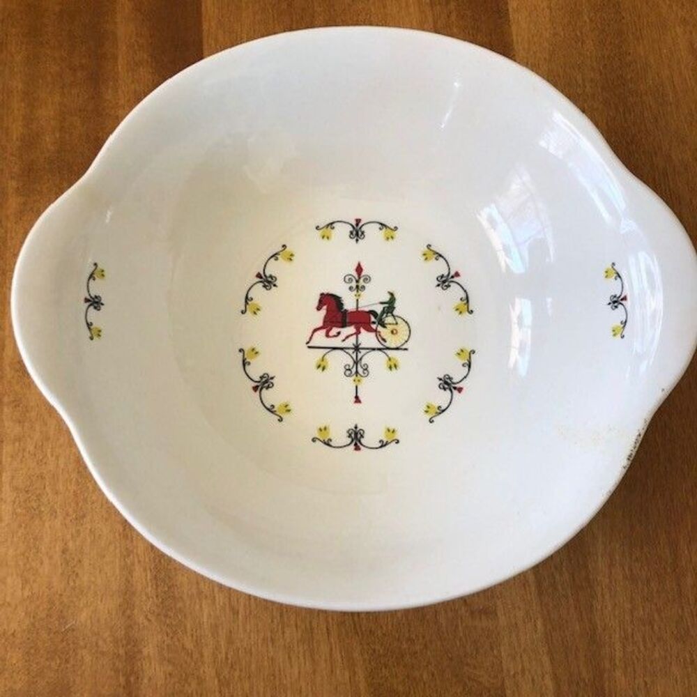 Crooksville Pottery Trotter Pattern Serving Bowl Horse Sulky Wagon